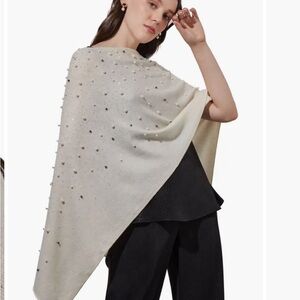 Ming Wang Faux Pearl Embellished Cashmere Wool Blend Boat Neck Poncho